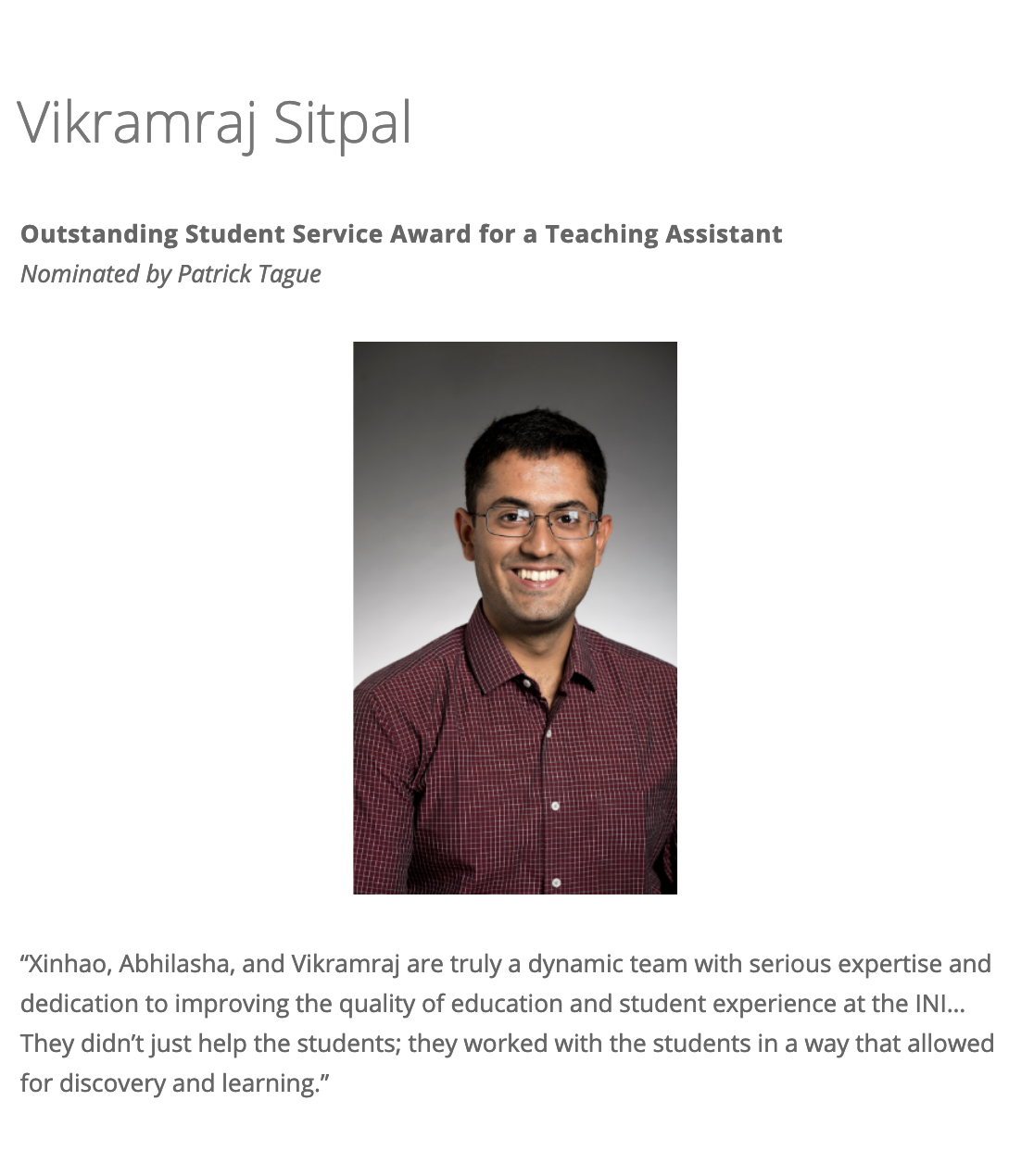 Outstanding Student Service Award for a Teaching Assistant by CMU